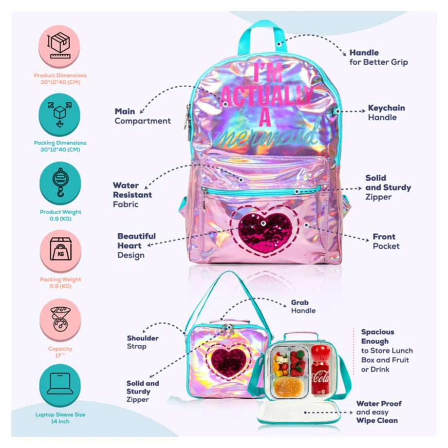 Eazy Kids 17" School Bag Lunch Bag Pencil Case Set of 3 Mermaid Love (Pink)