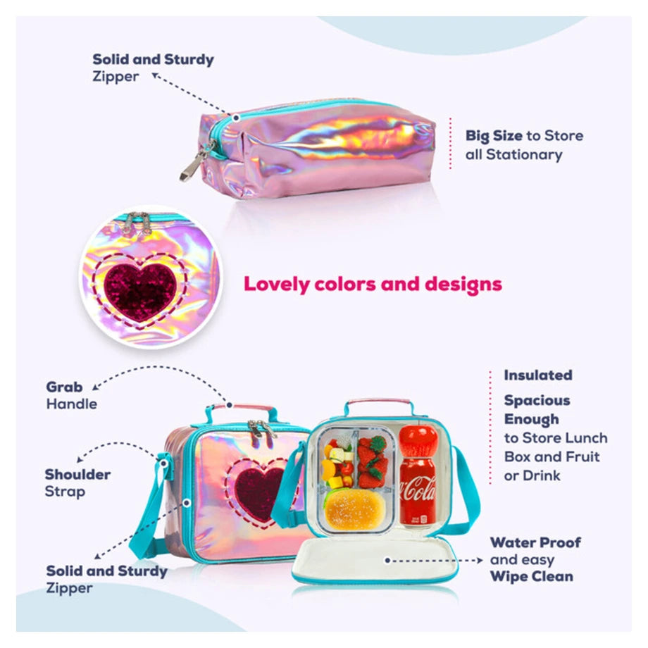 Eazy Kids 17" School Bag Lunch Bag Pencil Case Set of 3 Mermaid Love (Pink)