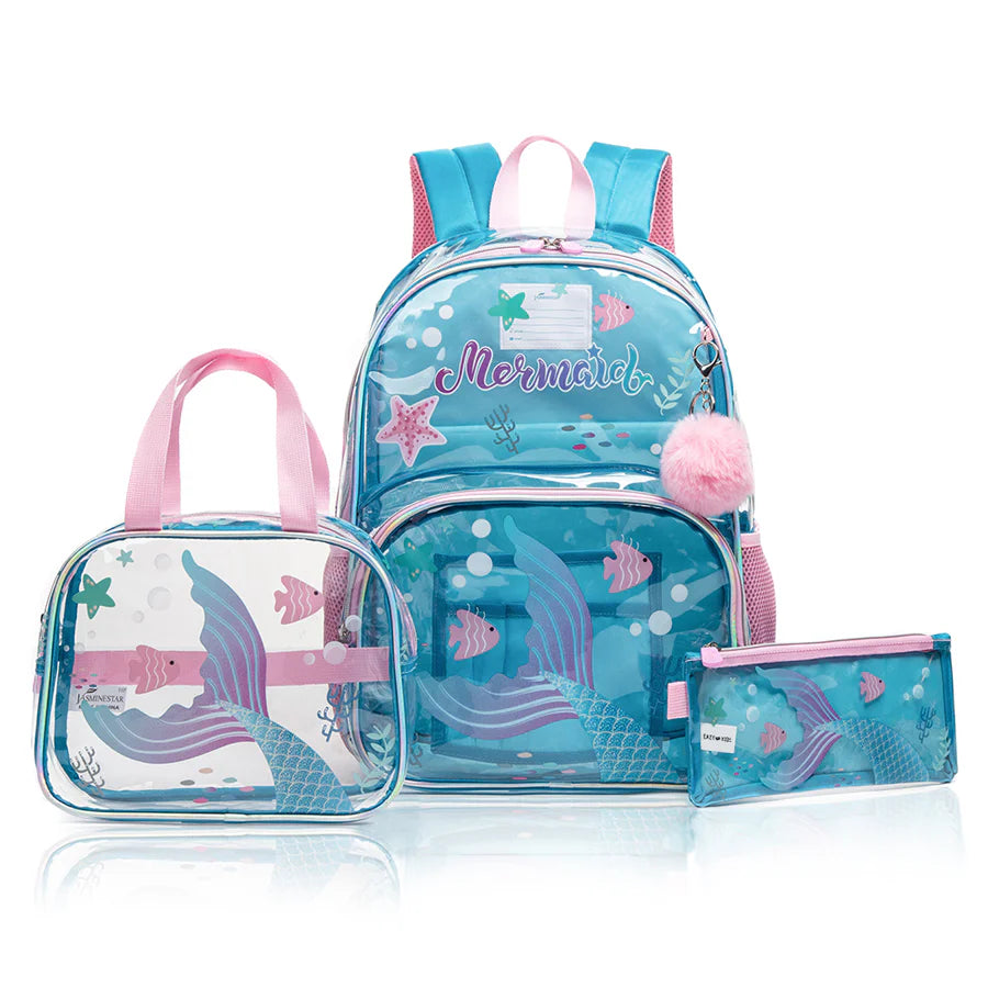 Eazy Kids 17 Inch School Bag with Lunch Bag and Pencil Case Mermaid (Blue)