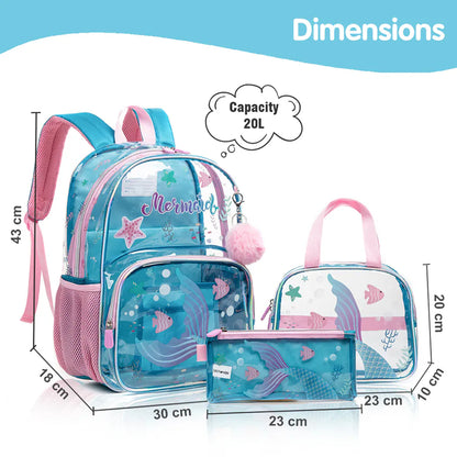 Eazy Kids 17 Inch School Bag with Lunch Bag and Pencil Case Mermaid (Blue)