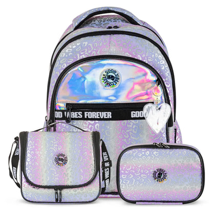Eazy Kids 17" School Bag Set of 3 w/Lunch Bag and Pencil Case (Good Vibes Silver)