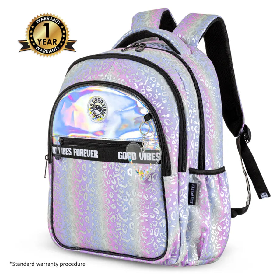 Eazy Kids 17" School Bag Set of 3 w/Lunch Bag and Pencil Case (Good Vibes Silver)