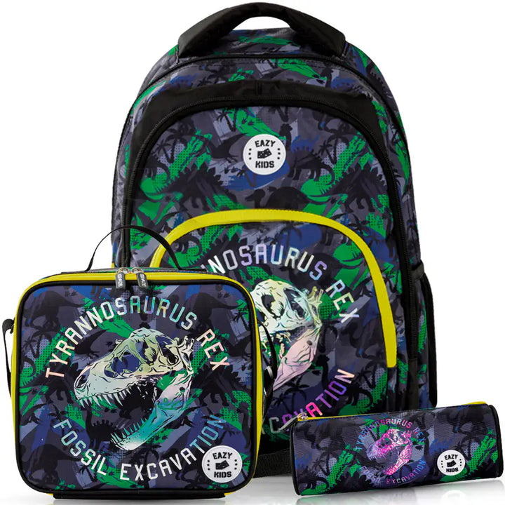 Eazy Kids Backpack w/Lunch Bag and Pencil Case 17”-T Rex (Green)