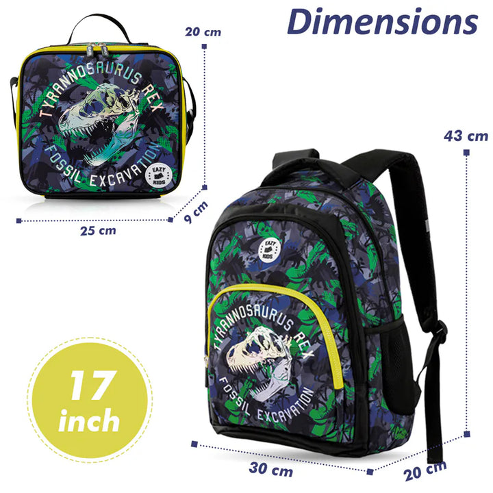 Eazy Kids Backpack w/Lunch Bag and Pencil Case 17”-T Rex (Green)