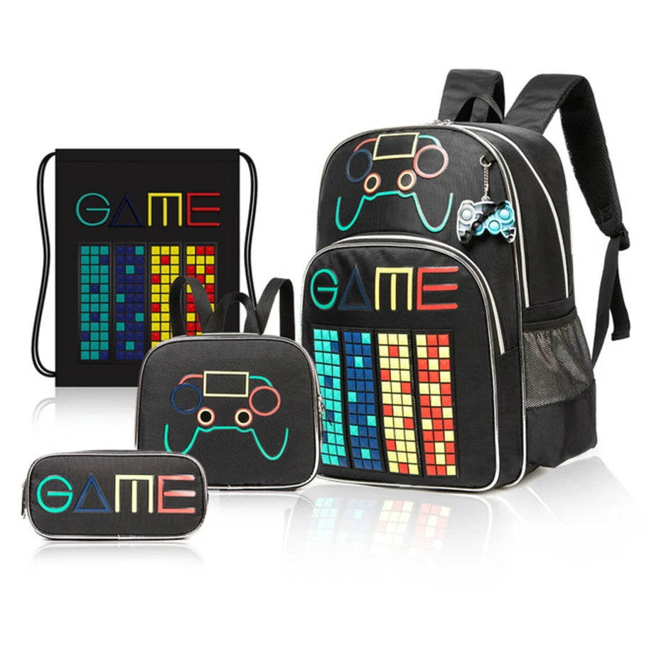 Eazy Kids 17Inch Set of 4 School Bag with Lunch Bag, Activity Bag and Pencil Case Gen Z Gamer (Black)