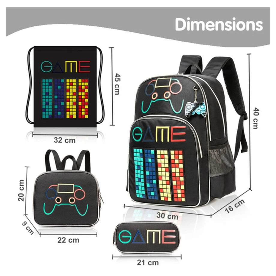 Eazy Kids 17Inch Set of 4 School Bag with Lunch Bag, Activity Bag and Pencil Case Gen Z Gamer (Black)
