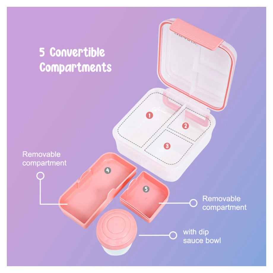 Eazy Kids 3/4/5 Compartment Convertible 1250ml Bento Lunch Box with 150ml Gravy Bowl (Pink)