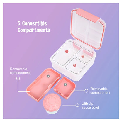 Eazy Kids 3/4/5 Compartment Convertible 1250ml Bento Lunch Box with 150ml Gravy Bowl (Pink)
