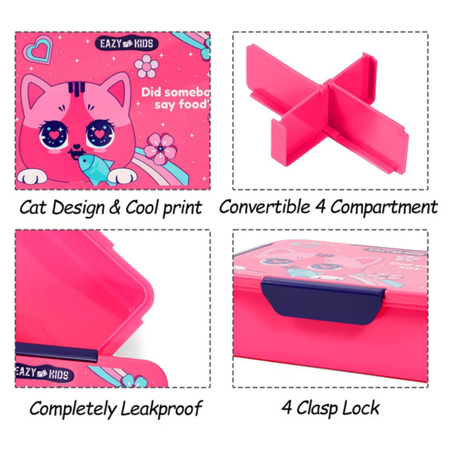 Eazy Kids 1/2/3/4 Compartment Convertible Bento Lunch Box Cat 850ml (Pink)