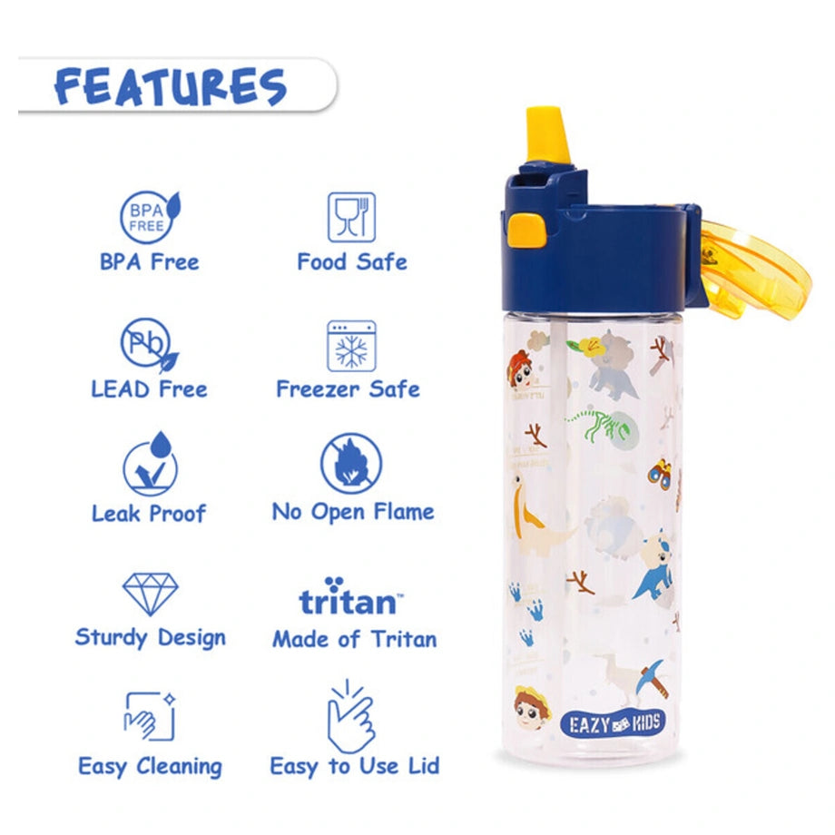 Eazy Kids Tritan Water Bottle w/Snack Box, T Rex 450ml (Blue)