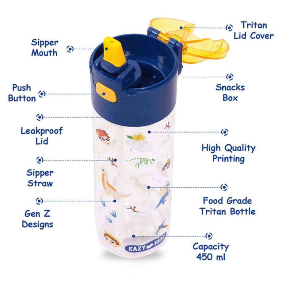 Eazy Kids Tritan Water Bottle w/Snack Box, T Rex 450ml (Blue)