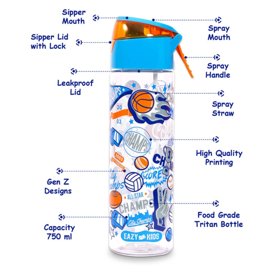 Eazy Kids Tritan Water Bottle w/Spray, Soccer 750ml (Blue)