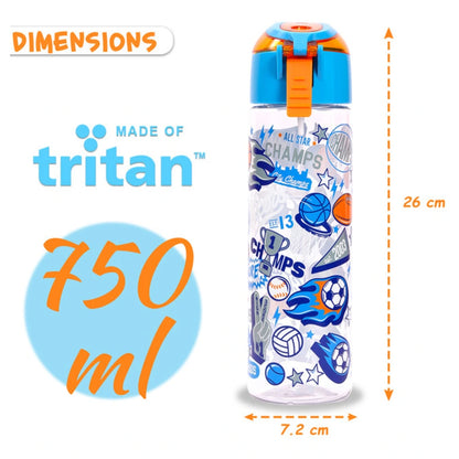 Eazy Kids Tritan Water Bottle w/Spray, Soccer 750ml (Blue)