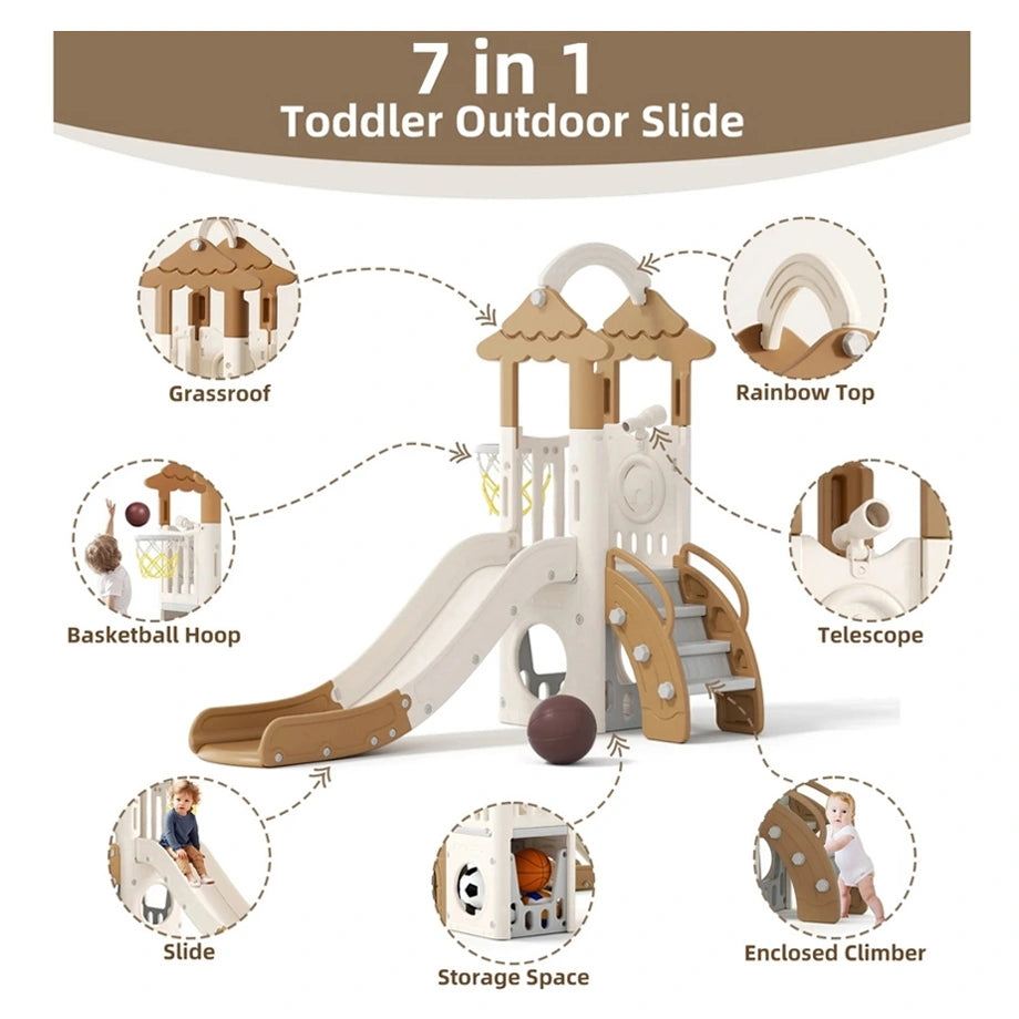Little Angel Kids Slide, Climber & Basketball Hoop (Coffee)