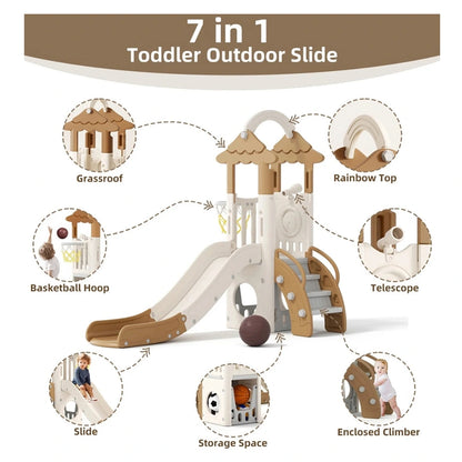 Little Angel Kids Slide, Climber & Basketball Hoop (Coffee)
