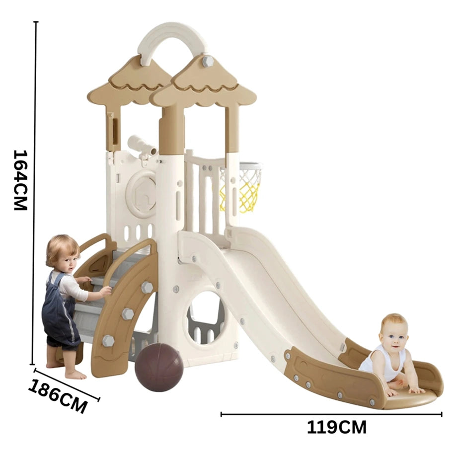Little Angel Kids Slide, Climber & Basketball Hoop (Coffee)