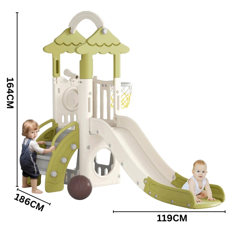 Little Angel Kids Slide, Climber & Basketball Hoop (Green)