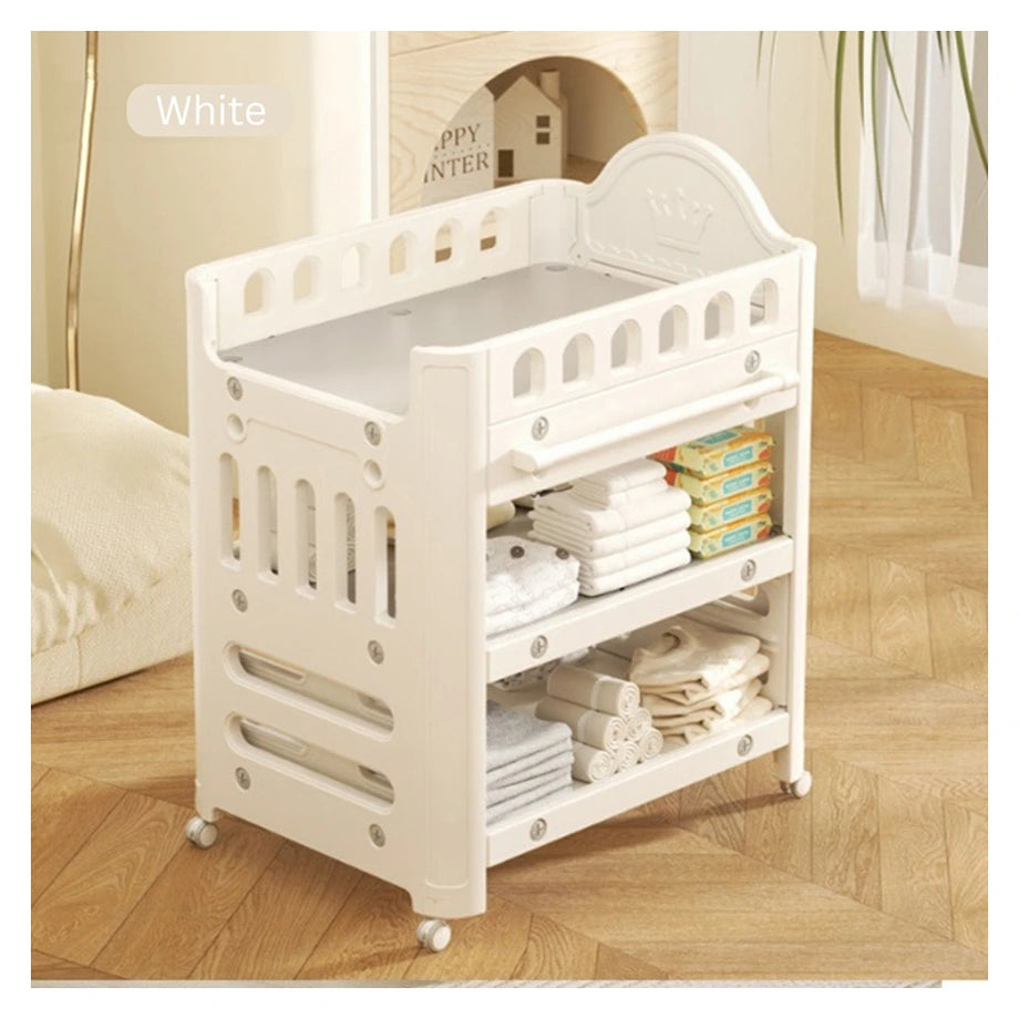 Baby Diaper Changing Table With Wheels Nursery Storage Organizer Drawers (White)