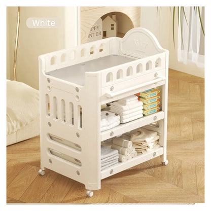 Baby Diaper Changing Table With Wheels Nursery Storage Organizer Drawers (White)