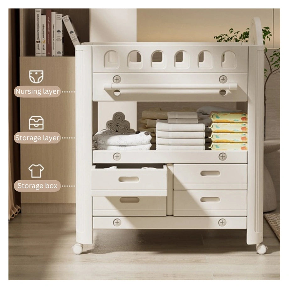 Baby Diaper Changing Table With Wheels Nursery Storage Organizer Drawers (White)