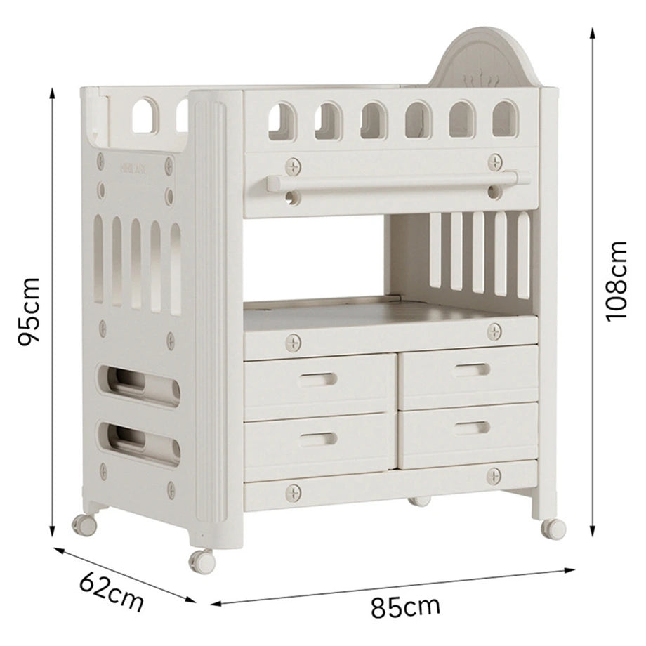 Baby Diaper Changing Table With Wheels Nursery Storage Organizer Drawers (White)