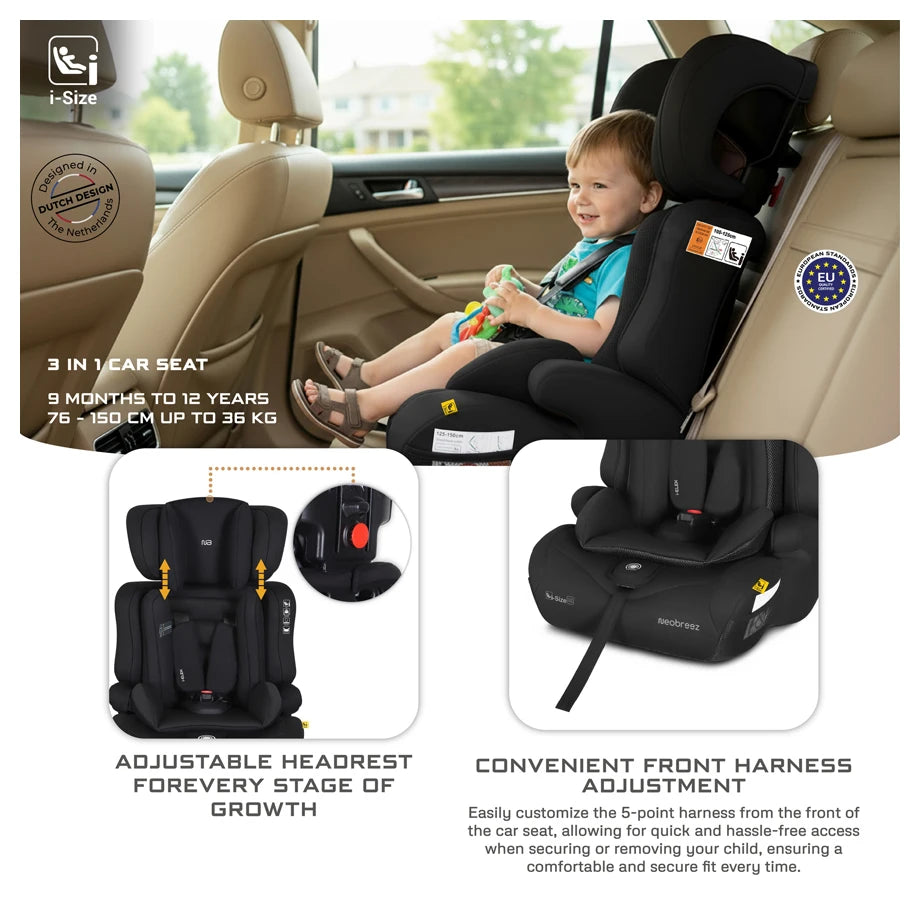 Neobreez ELEK 3-in-1 Toddler Car Seat i-Size 9m-12Y (Black)