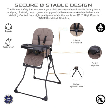 Neobreez CRIS Foldable Baby High Chair Lightweight and Portable 5kg (Brown-Black)