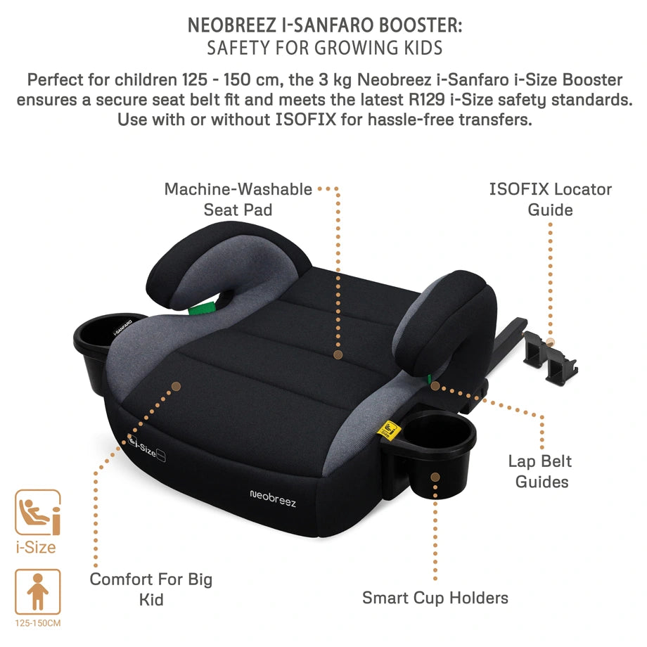 Neobreez SANFARO i-Size Kids Booster Car Seat With ISOFIX Group 2/3 With 2 Cup Holders(Dark Grey)