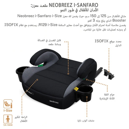 Neobreez SANFARO i-Size Kids Booster Car Seat With ISOFIX Group 2/3 With 2 Cup Holders(Dark Grey)