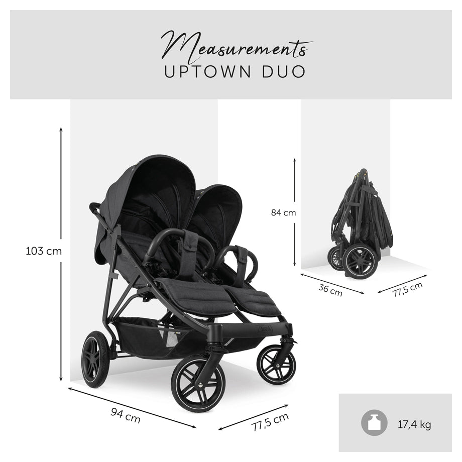 Hauck Uptown Duo Twin Stroller Side-By-Side, Reclining Seats, All-Terrain (Black)