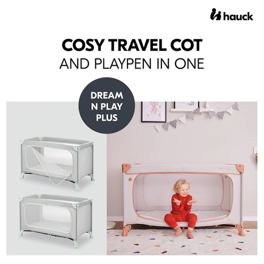 Hauck Dream N Play Plus Travel Bed Foldable Baby & Toddler Cot With Carry Bag (Dusty Mint)