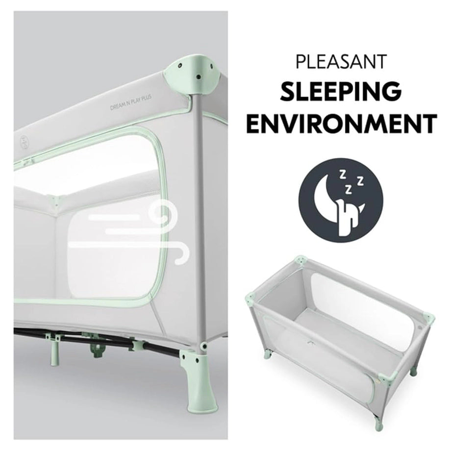 Hauck Dream N Play Plus Travel Bed Foldable Baby & Toddler Cot With Carry Bag (Dusty Mint)