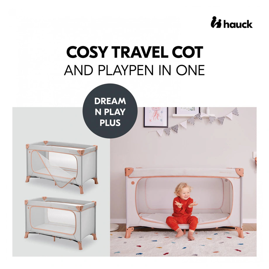 Hauck Dream N Play Plus Travel Bed Foldable Baby & Toddler Cot With Carry Bag (Dusty Cork)