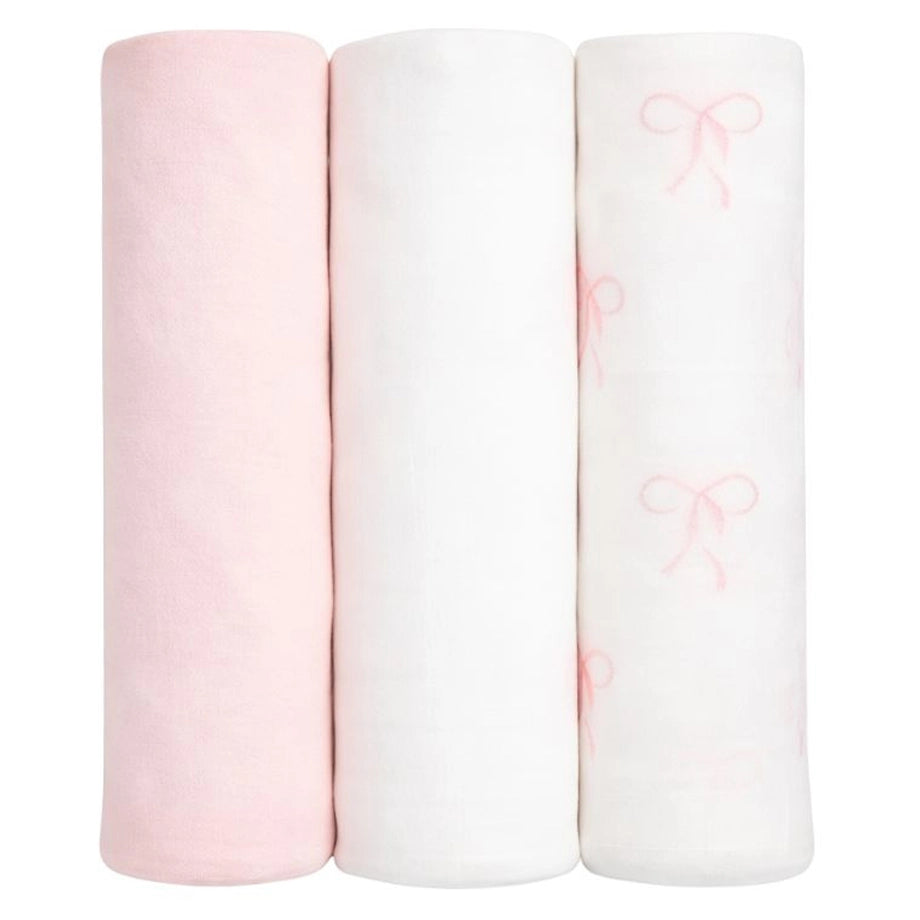 Lulujo Bamboo Muslin Swaddle Blankets 3 Pack (Bows, Ballet Slipper & White)