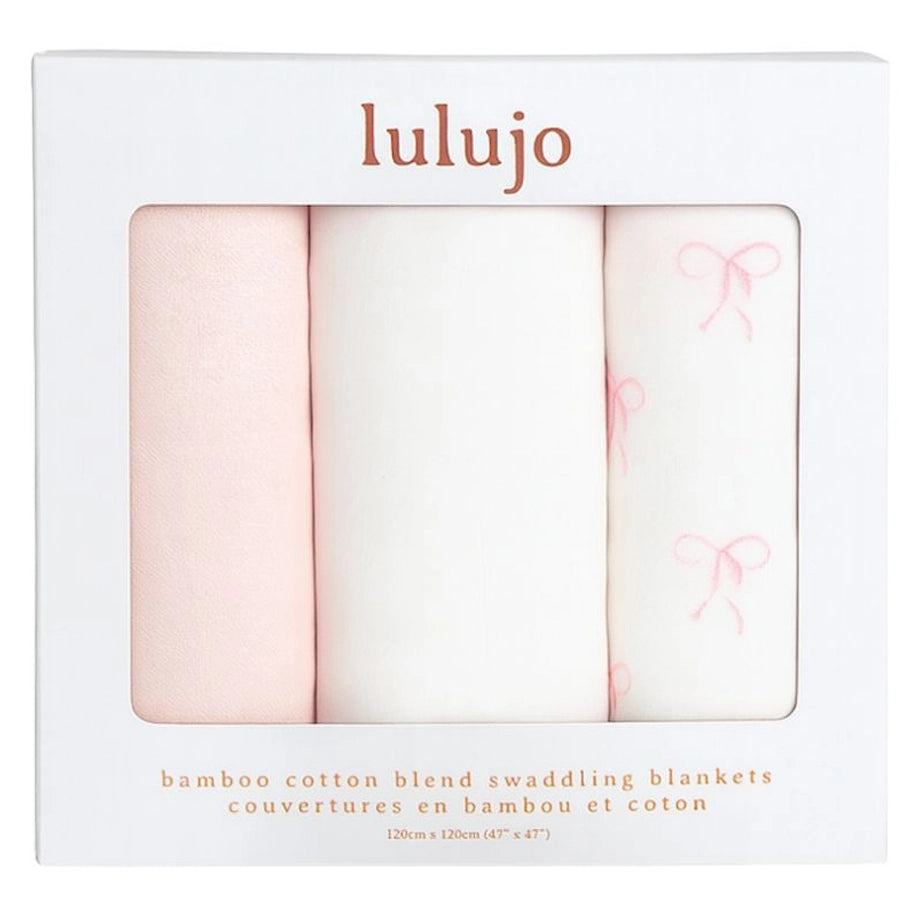 Lulujo Bamboo Muslin Swaddle Blankets 3 Pack (Bows, Ballet Slipper & White)