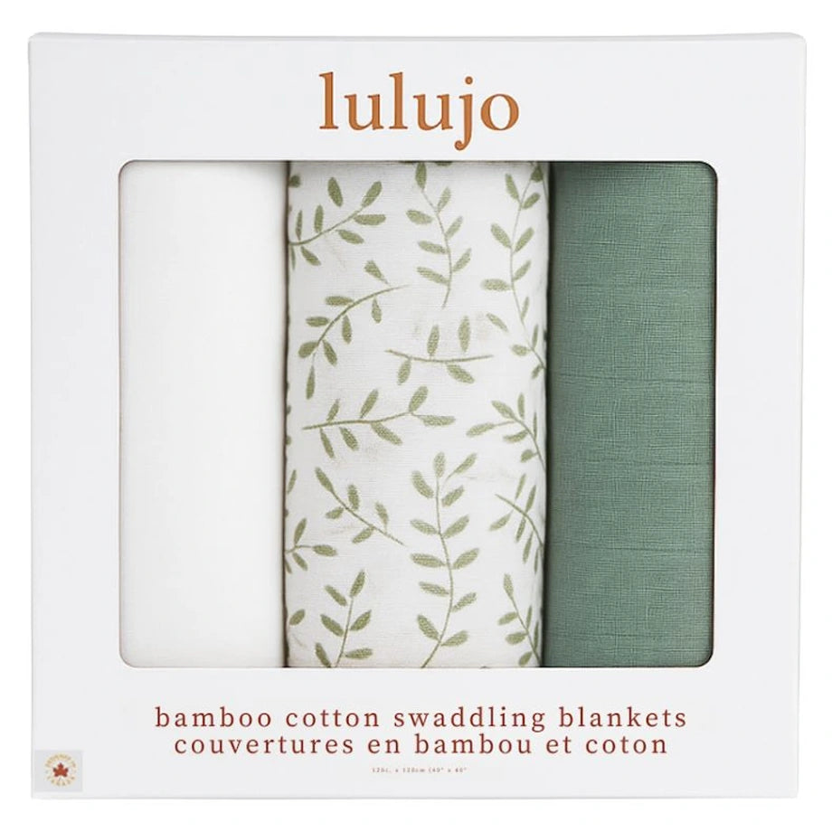 Lulujo Bamboo Muslin Swaddle Blankets 3 Pack (Greenery, Sage & White)