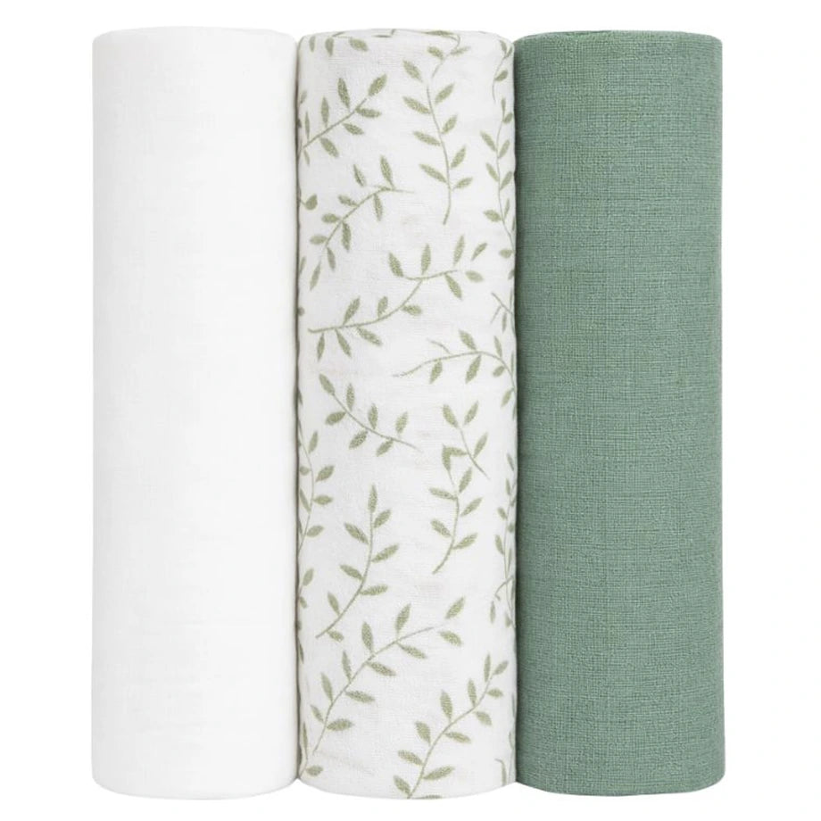 Lulujo Bamboo Muslin Swaddle Blankets 3 Pack (Greenery, Sage & White)