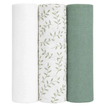 Lulujo Bamboo Muslin Swaddle Blankets 3 Pack (Greenery, Sage & White)