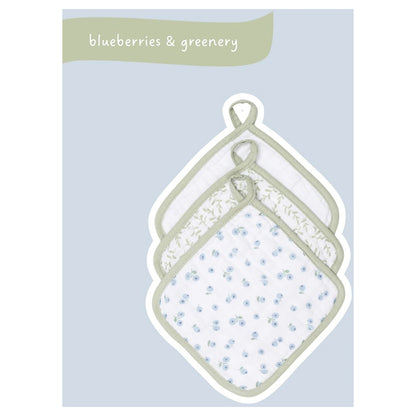 Lulujo 3 Pack Wash Cloths (Blueberries, White & Greenery)