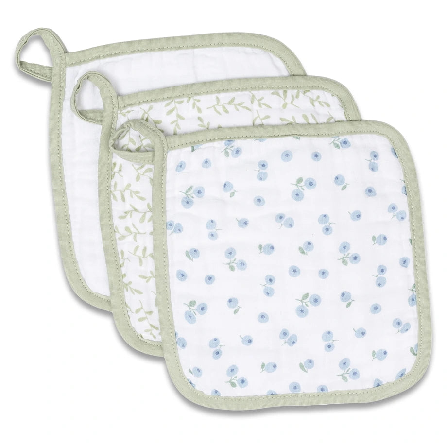 Lulujo 3 Pack Wash Cloths (Blueberries, White & Greenery)