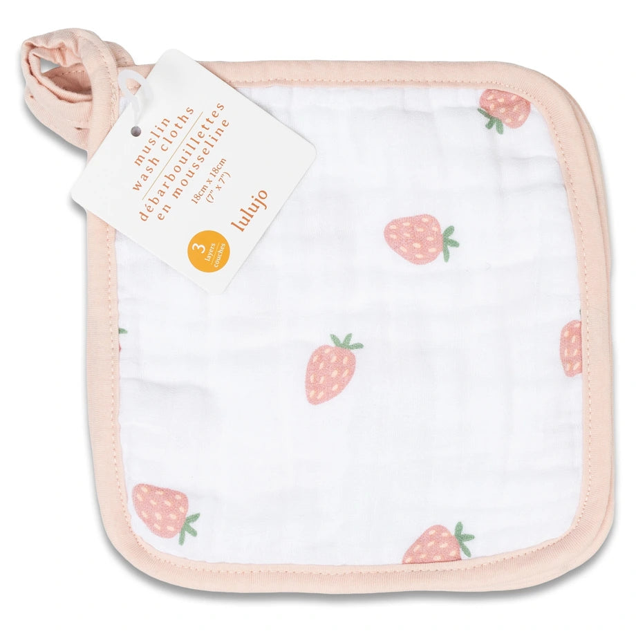 Lulujo 3 Pack Wash Cloths (Peaches, White & Strawberries)