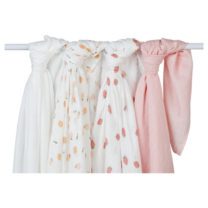 Lulujo 4 Pack Bamboo Muslin Swaddle Blankets (Berries & Peaches)