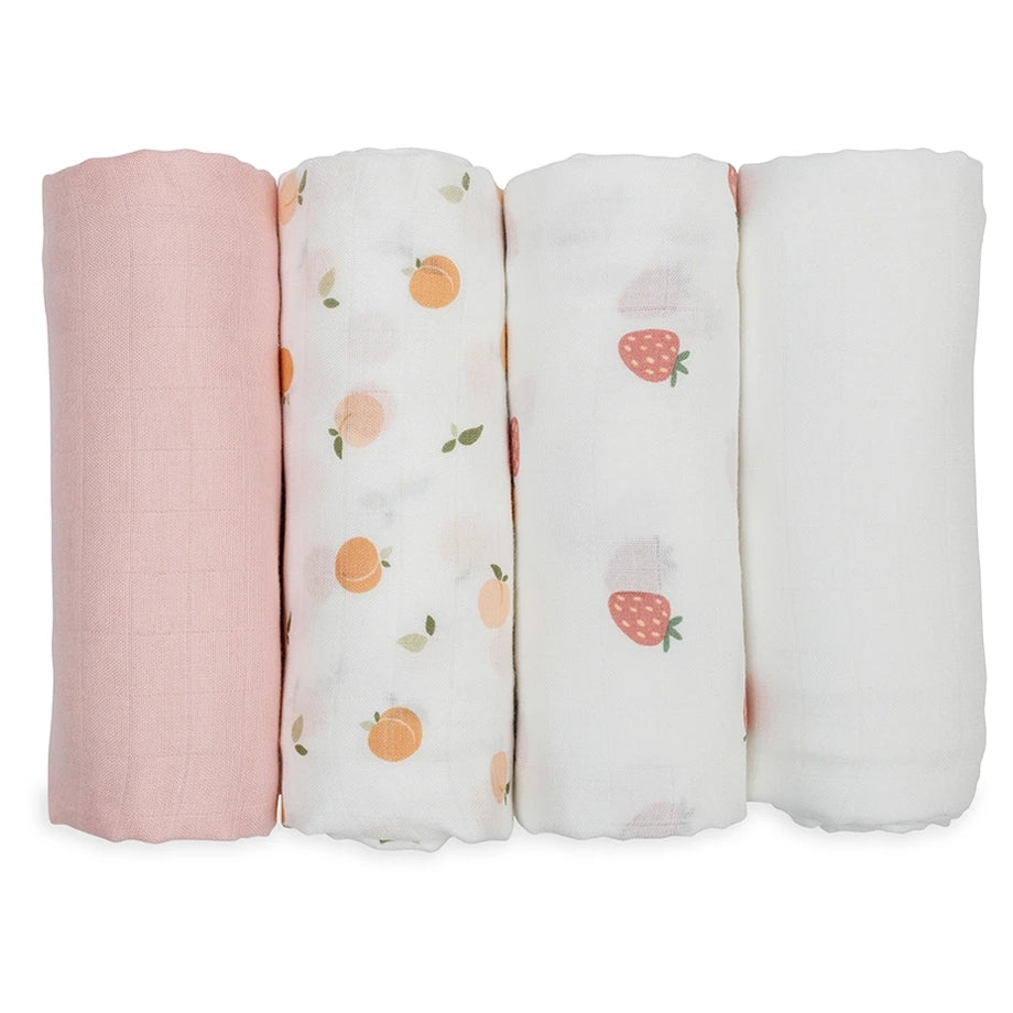 Lulujo 4 Pack Bamboo Muslin Swaddle Blankets (Berries & Peaches)