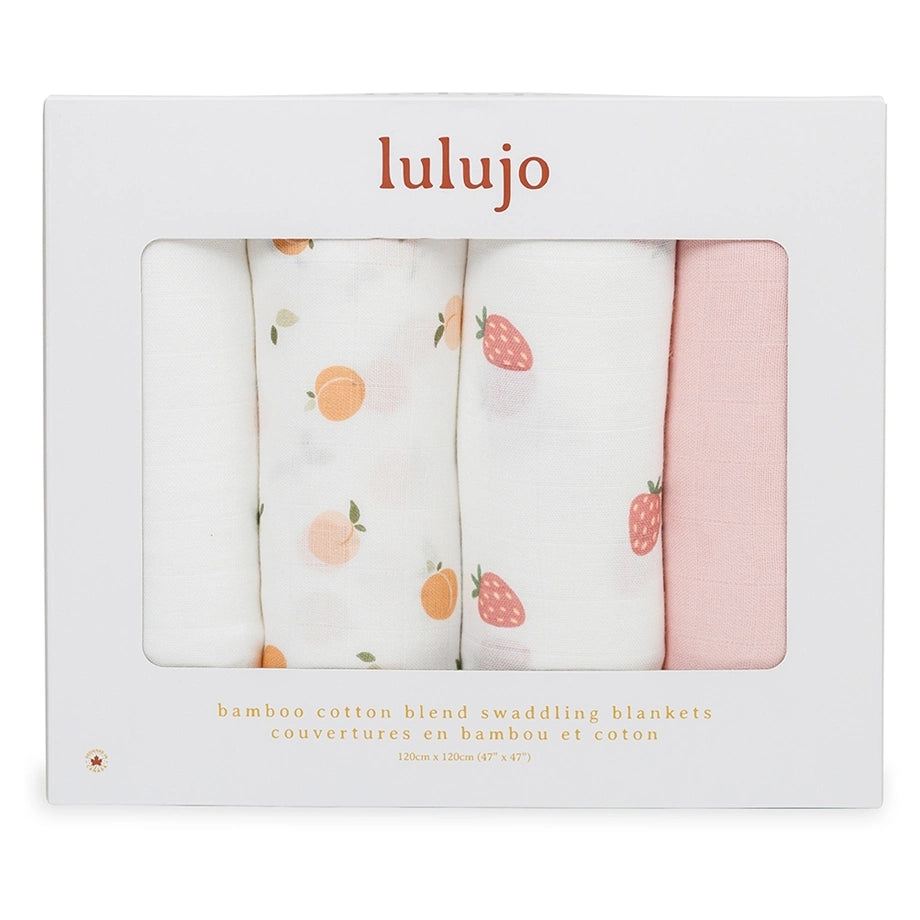 Lulujo 4 Pack Bamboo Muslin Swaddle Blankets (Berries & Peaches)
