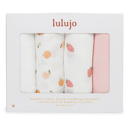 Lulujo 4 Pack Bamboo Muslin Swaddle Blankets (Berries & Peaches)