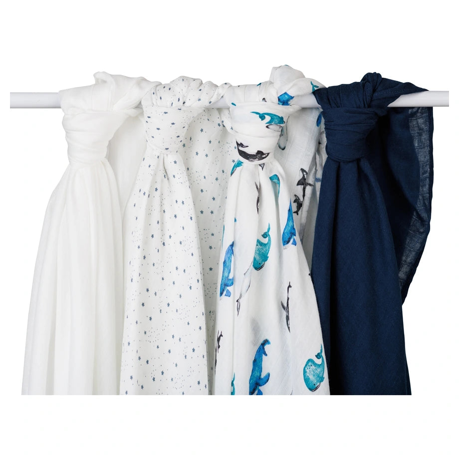 Lulujo 4 Pack Bamboo Muslin Swaddle Blankets (Whales & Stars)