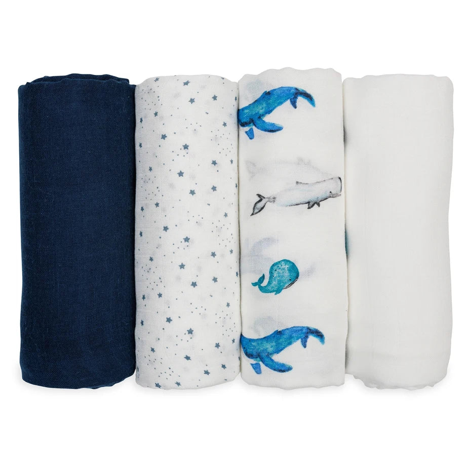 Lulujo 4 Pack Bamboo Muslin Swaddle Blankets (Whales & Stars)