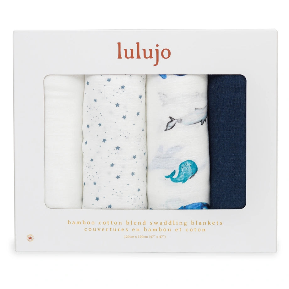 Lulujo 4 Pack Bamboo Muslin Swaddle Blankets (Whales & Stars)