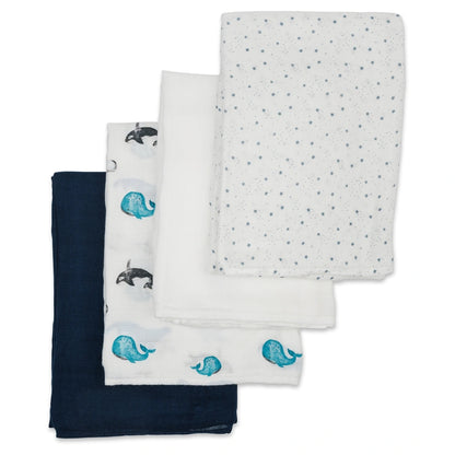 Lulujo 4 Pack Bamboo Muslin Swaddle Blankets (Whales & Stars)