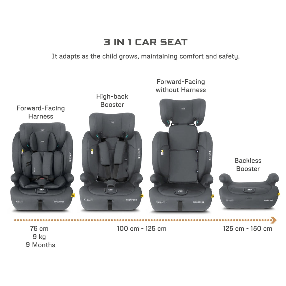 Neobreez BOSTONI 3-in-1 Toddler Car Seat i-Size 9m-12Y (Grey)